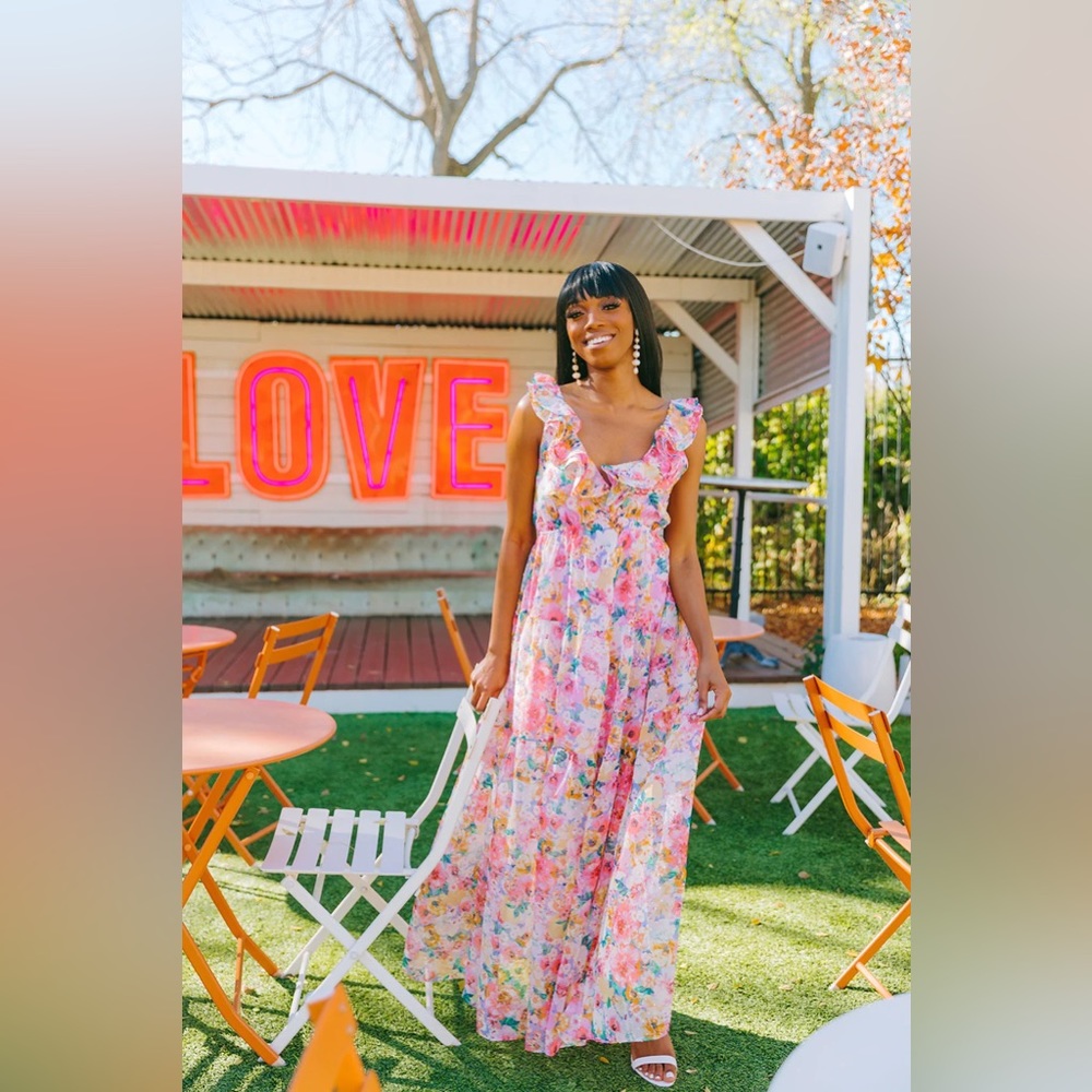 BuddyLove Buffy Ruffle Shoulder Maxi Dress - Estate - S / Pink / Florals